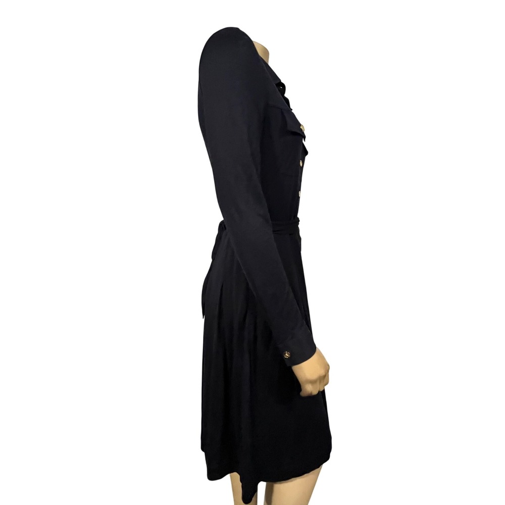 Tory Burch Navy Jersey Long Sleeve Shirt Dress Gold Logo Button Belted Preppy M - Picture 7 of 10